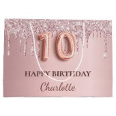 10歳の誕生日赤面ピンクのグリッターのドライブ名 ラージペーパーバッグ (裏面)