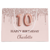 10歳の誕生日赤面ピンクグリッタードリップ ラージペーパーバッグ (正面)