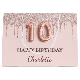 10歳の誕生日赤面ピンクグリッタードリップ ラージペーパーバッグ