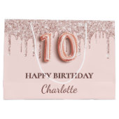 10歳の誕生日赤面ピンクグリッタードリップ ラージペーパーバッグ (裏面)