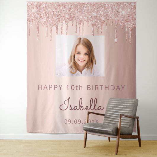 10歳の誕生日 カスタムフォト ローズゴールド グリッター ピンク タペストリー (インサイチュ)