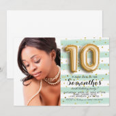 10歳の誕生日 ストライプ ゴールド ポートレート 招待状 (正面/裏面)