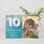 10歳の誕生日 ティールシルバーグリッター 招待状 (スタンド正面)