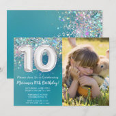 10歳の誕生日 ティールシルバーグリッター 招待状 (正面/裏面)