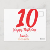 10歳の誕生日 テンプレート 赤 名前 日付 年 ポストカード (裏面)