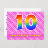 10歳の誕生日:ピンクのストライプとハート、虹色の10 ポストカード (正面/裏面)