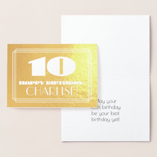 10歳の誕生日:名前 + アールデコ調のデザイン「10」 箔カード (ディスプレー)