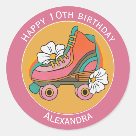 10歳の誕生日 名前 ローラースケート かわいい ピンク ステッカー (正面)