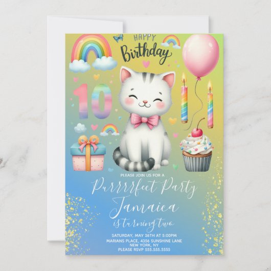 10歳の誕生日 子猫 レインボーパーティー 招待状 (正面)