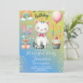 10歳の誕生日 子猫 レインボーパーティー 招待状 (スタンド正面)