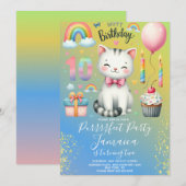 10歳の誕生日 子猫 レインボーパーティー 招待状 (正面/裏面)