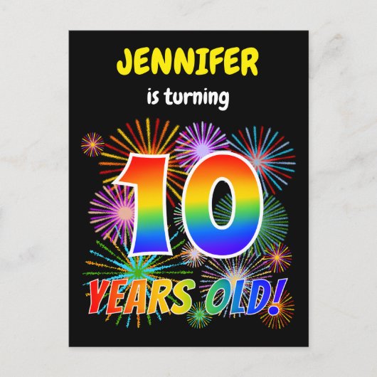 10歳の誕生日 - 楽しい花火、虹の「10」 ポストカード (正面)