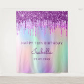 10歳の誕生日 紫 ピンク グリッター ホログラフィック タペストリー (正面)