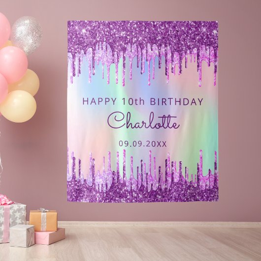 10歳の誕生日 紫 ピンク ホログラフィック タペストリー