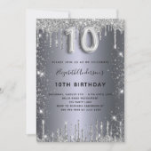 10歳の誕生日 銀色のメタリック グリッター ダスト 招待状 (正面)