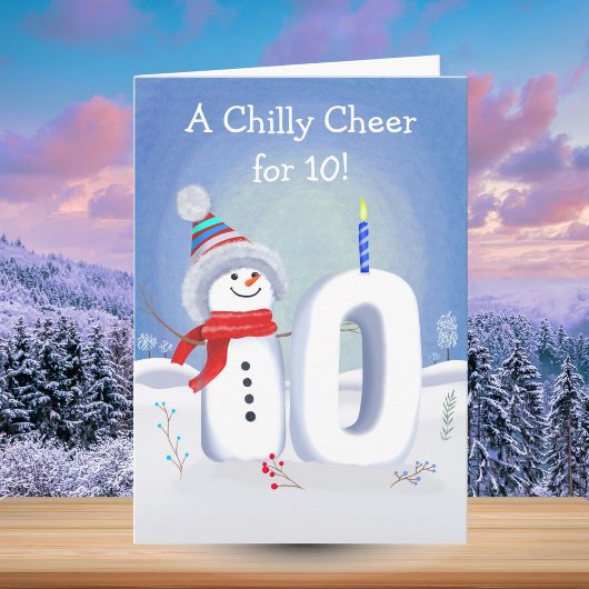 10歳の誕生日 雪と雪だるまのテン カード