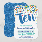 10歳の誕生日 青いコンフェッティ グリッター 招待状 (正面/裏面)