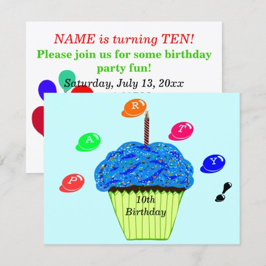 10歳の誕生日 青と緑のカップケーキ パーティー どの年齢でも 招待状 (正面/裏面)