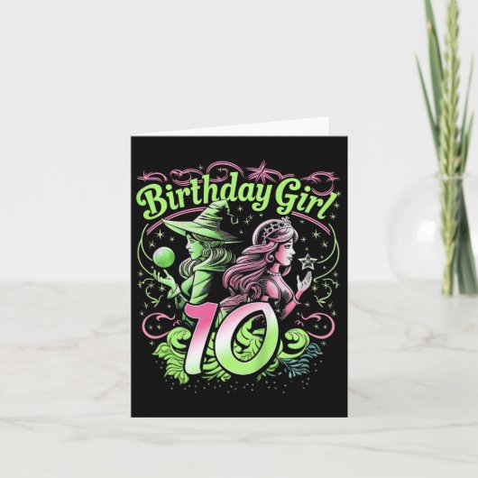 10歳の誕生日 魔女 ピンクとグリーン 10歳の誕生日おめでとう カード (正面)