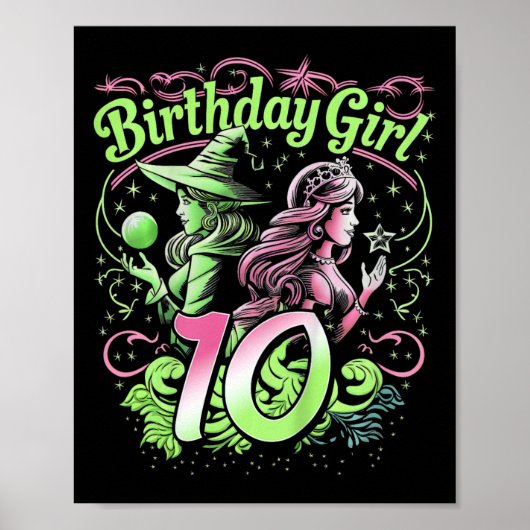 10歳の誕生日 魔法使い ピンクとグリーン 女の子 ポスター (正面)