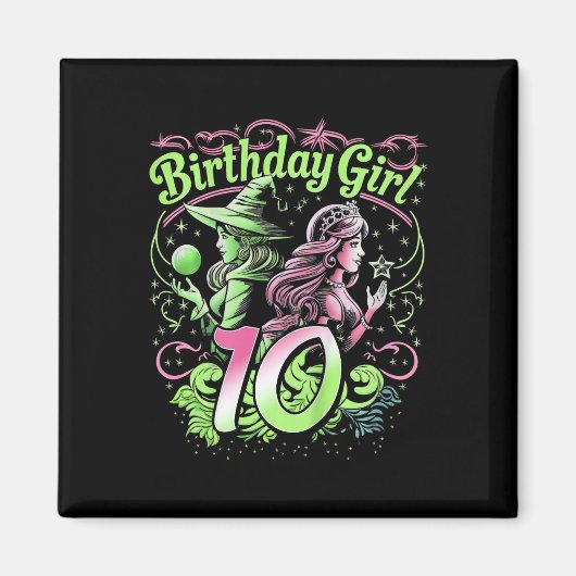 10歳の誕生日 魔法使い ピンクとグリーン 女の子 マグネット (正面)