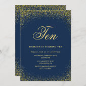 10歳エレガントの誕生日の招待金ゴールドネイビー・グラム 招待状 (正面/裏面)