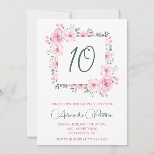 10歳エレガント招待状フローラピンク 招待状 (正面)