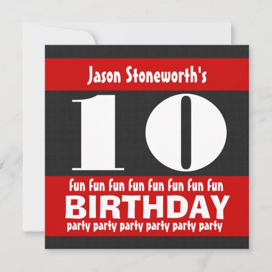 10歳誕生パーティー黒赤白W01A 招待状 (正面)