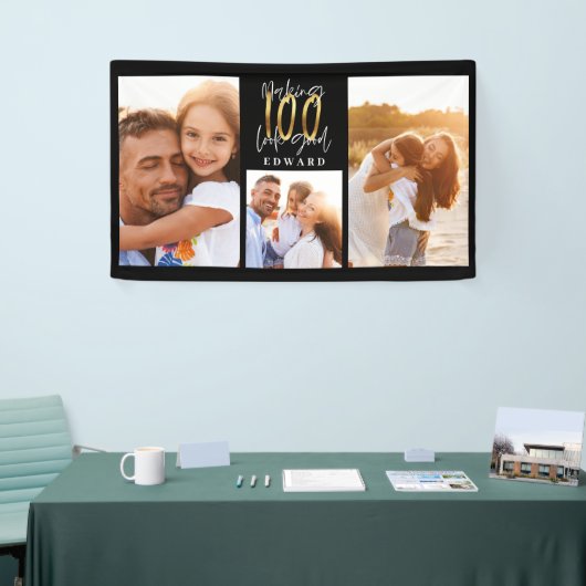 10歳誕生日写真コラージュ黒金ゴールドタイポグラフィ  横断幕 (トレードショー)