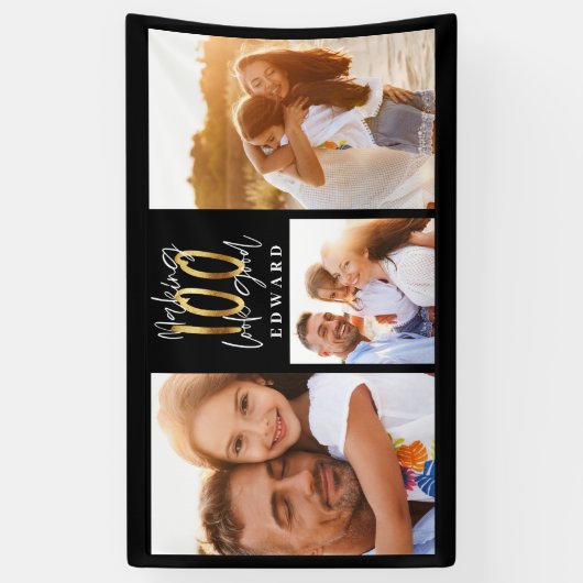 10歳誕生日写真コラージュ黒金ゴールドタイポグラフィ  横断幕 (縦)