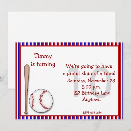 10歳誕生日 野球 招待状 (正面/裏面)