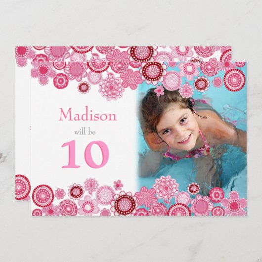 10番目の誕生日ピンクのパーティの招待状写真カード 招待状 (正面/裏面)