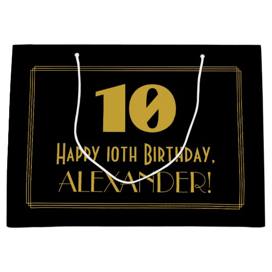 10番目の誕生日:インスパイアアールデコの「10」の外観と名前 ラージペーパーバッグ (正面)