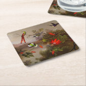 10羽のハチドリが集まる熱帯地方 スクエアペーパーコースター (アングル)