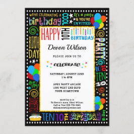 10誕生日おもしろいカラー熱狂する文字オン黒パーティー 招待状