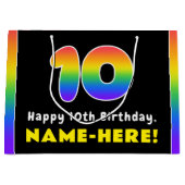10誕生日カラフル：レインボー# 10、名前をカスタムする ラージペーパーバッグ (正面)