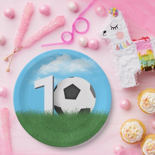 10誕生日サッカーボールinグリーングラス ペーパープレート (パーティー)