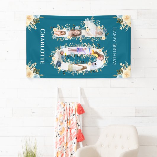 10誕生日ティール(緑がかった色)フラワーフォトコラージイエロー 横断幕 (インサイチュ)