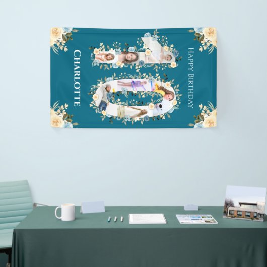 10誕生日ティール(緑がかった色)フラワーフォトコラージイエロー 横断幕 (トレードショー)