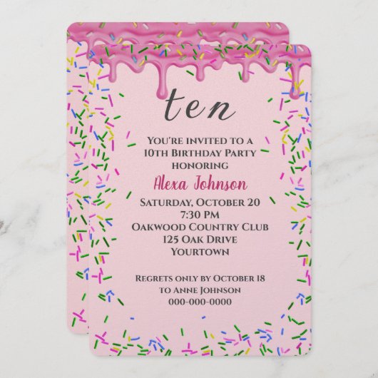 10誕生日ピンク色のアイシングと散水 招待状 (正面/裏面)