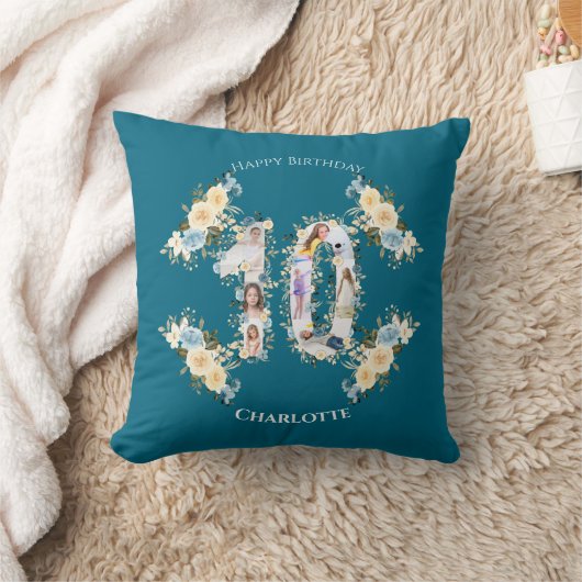 10誕生日フォトティール（緑がかった色）コラージュ黄花 クッション (ブランケット)