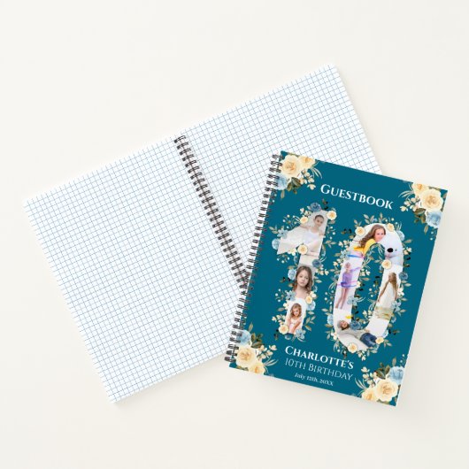 10誕生日フラワーティール（緑がかった色）フォトイエローゲストブック ノートブック (内部)