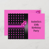 10誕生日ブラックピンクスポットパターン&バルーン 招待状 (正面/裏面)