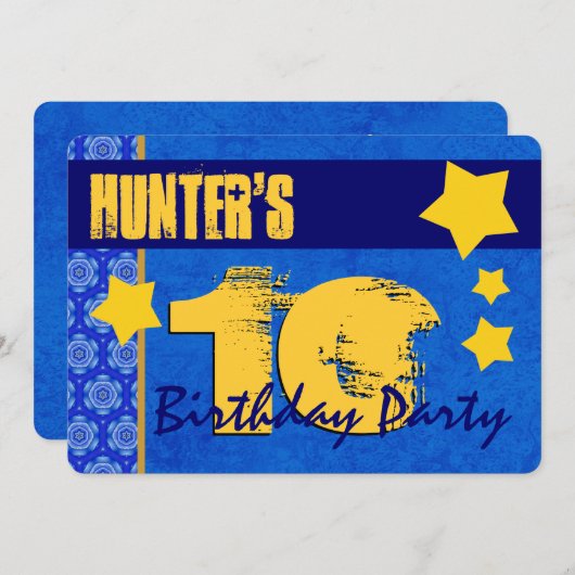 10誕生日モダン向けブルーと金ゴールドW13B7 招待状 (正面/裏面)