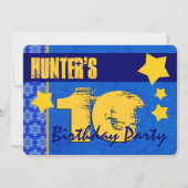 10誕生日モダン向けブルーと金ゴールドW13B7 招待状 (正面)