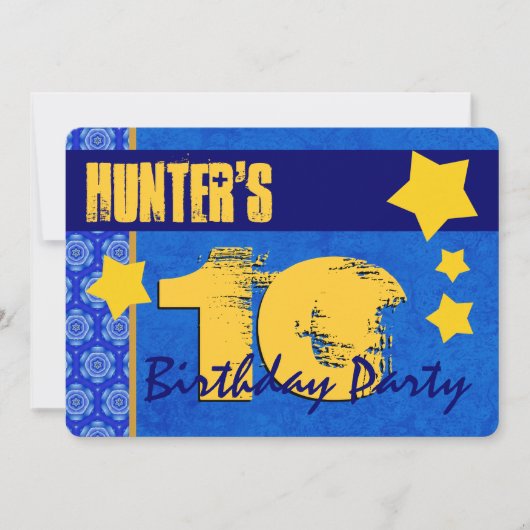10誕生日モダン向けブルーと金ゴールドW13B7 招待状 (正面)