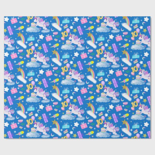 10誕生日ユニコーンパターンブルー ラッピングペーパー (フラット)