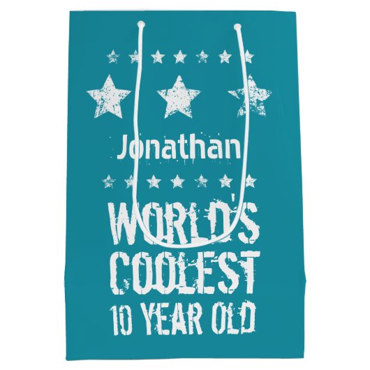 10誕生日世界クール10歳ティール（緑がかった色）E17 ミディアムペーパーバッグ (裏面)