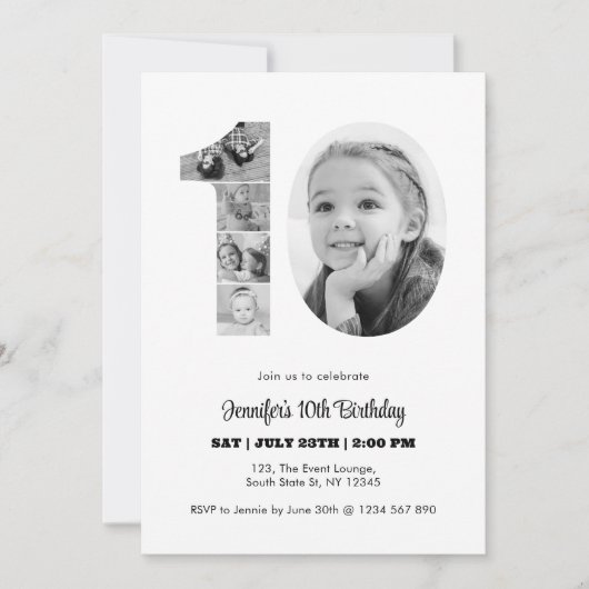 10誕生日番号10フォトコラージュ白黒 招待状 (正面)