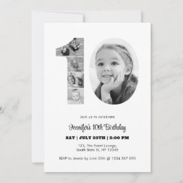 10誕生日番号10フォトコラージュ白黒 招待状